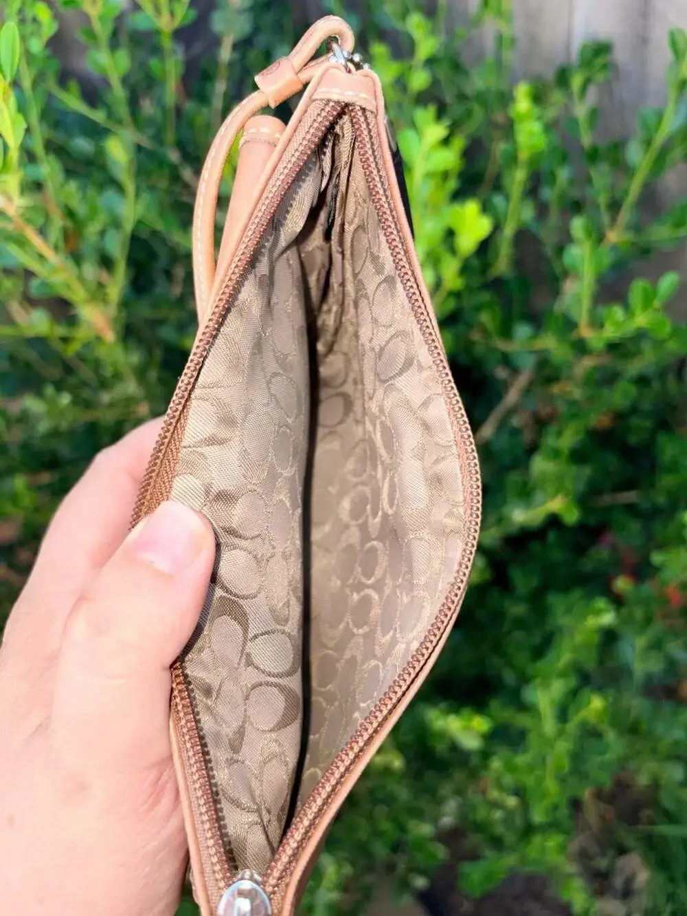 Vintage Coach Tan Brown Leather Wristlet Clutch with Front Flap Buckle Pocket